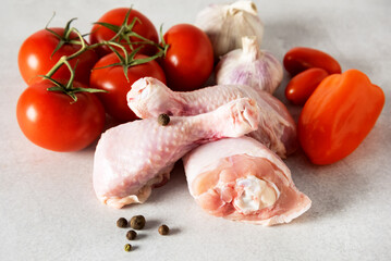 Raw chicken Chicken legs on a Gray Background Meat Chicken Ingredients for Cooking Flat lay Top view Chicken food Horizontal