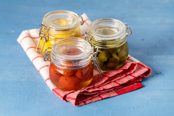 Homemade Pickled or Fermented Vegetables - Pickles, Pickled Tomatoes in Glass Jars