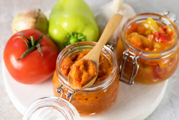 Vegetable Dish of Stewed Sweet Peppers Tomatoes Onion Garlic Lecho Vegetarian Menu Vertical