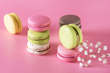 Colorful Cake Macaroons and Flowers on a Pink Background Tasty Dessert Horizontal
