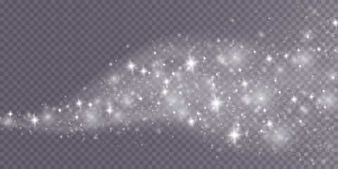 White png dust light. Bokeh light lights effect background. Christmas background of shining dust Christmas glowing light bokeh confetti and spark overlay texture for your design.