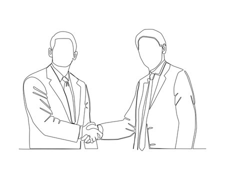 Continuous line of 2 Businessmen doing hand shake each other. To deal a business agreement complete vector.