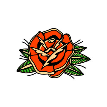 Illustration of rose in tattoo style. Design element for logo, label ,sign, poster. Vector illustration