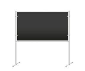 Obraz premium Black school chalkboard or information stand. Vector realistic Mock-up. Blackboard for writing, class board on two pillars, advertising press wall, presentation board. blank template. Front view.