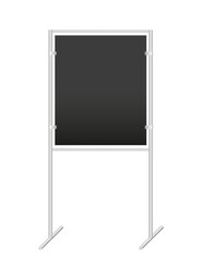 Black information stand on two pillars. Vector realistic Mock-up. Blackboard for writing, display board menu, class board, advertising press wall, presentation board. Vertical blank template. EPS10.