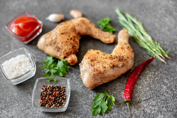 Grilled chicken legs on stone background