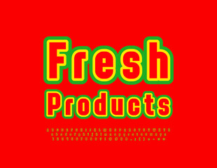 Vector advertising banner Fresh Products. Colorful Font. Trendy artistic Alphabet Letters and Numbers set
