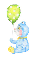 A cute cat in blue pajamas is holding a balloon.