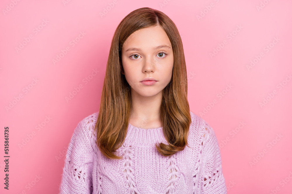 Poster portrait of attractive content red-haired teen girl wearing knitwear pullover isolated on pink paste