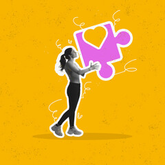 Creative artwork. Strange girl carries giant drawn piece of puzzle isolated over yellow background....
