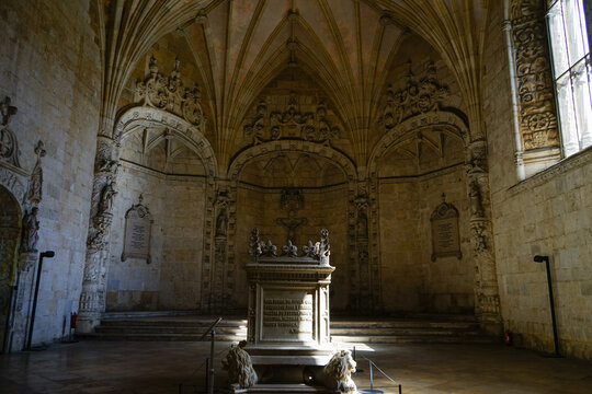Alexandre Herculano grave with filtering light inside Mosteiro dos Jeronimos cloister in Belem, Lisboa, Portugal