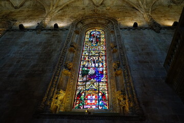 Glass windows inside Mosteiro dos Jeronimos, Lisbon, Portugal
