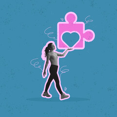Creative artwork. Happy girl carrying giant drawn piece of puzzle isolated over blue background....
