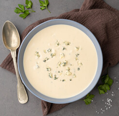 Cheese soup in a bowl with  seasonings over stone background