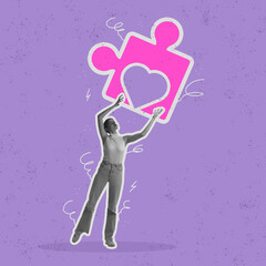 Bright collage with tall slim girl raising up big drawn piece of puzzle isolated over blue background. Concept of self-knowledge, love, hope concept.