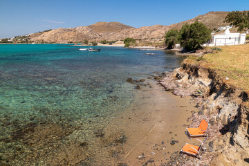 Paros Greece. 06-07-2022. Two chairs for relaxing near the sea at Paros. Cyclades Islands. Greece