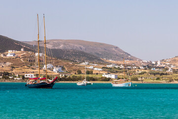 Paros Greece. 06-07-2022. Boats moored ner Naoussa at Paros. Cyclades Islands. Greece - obrazy, fototapety, plakaty