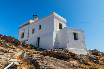 Paros Greece. 06-07-2022. Lighthouse in national park at Paros. Cyclades Islands. Greece