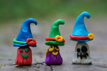 Fabulous ghosts close-up. Figures of funny monsters.