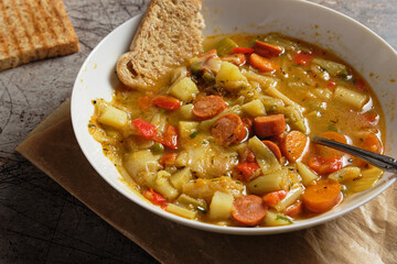 Vegetable soup with sliced Debrecziner sausages, a spicy Hungarian boiled sausage specialty. Close up view.