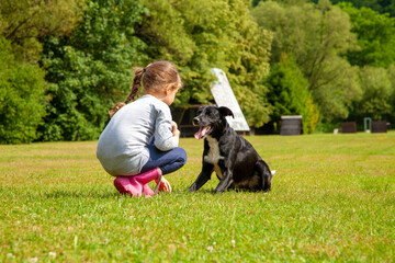 Cute little girl training her black female dog from dog shelter in summer in park