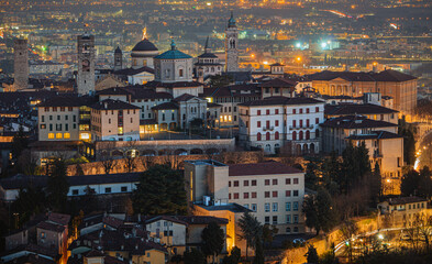 The historic center of Bergamo, with the lights of the night and its historic monuments - February 2022.