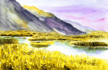 Watercolor illustration of a landscape with distant gray mountains in the background and a grassy meadow with yellow wildflowers