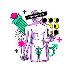 Abstract trippy Greek statue in creative psychedelic style. Fashion Y2K art. Isolated trendy collage with geometric shapes, in trendy psychedelic acid style. Neon bright colors. Vector illustration.