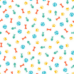 Colorful pet elements seamless pattern with white background.