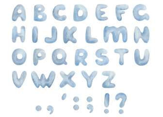 Watercolor illustration of hand painted blue bold letters from english alphabet, hand written abc characters and punctuation marks. Isolated clip art for postcards, banners, greeting cards, posters