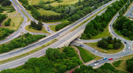 Gorgeous aerial panoramic view of British Roads and Traffic at Milton Keynes England UK
