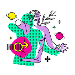 Trippy male character, greek ancient statue with planet and surreal elements. Vector linear illustration in trendy psychedelic weird y2k style.