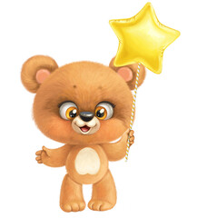 Fototapeta premium Baby Bear holding holding balloon in the form of a star isolated on a white background