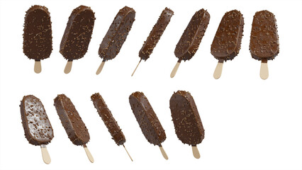 set of vanilla ice cream stick bar covered with chocolate and crunchy almonds isolated on white background .3D Render Illustration