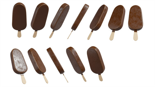 set of vanilla ice cream stick bar covered with chocolate isolated on white background .3D Render Illustration