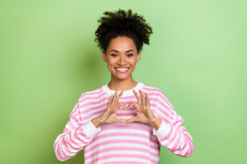 Photo of shiny dreamy lady dressed pink pullover showing hands arms heart isolated green color background