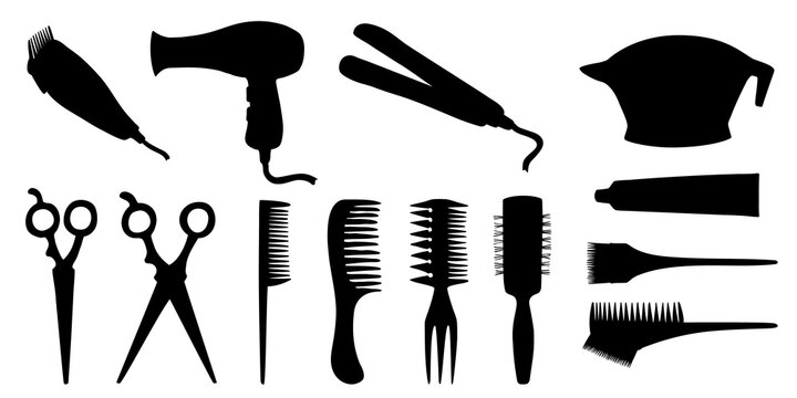 Hairdressing tools set, black silhouette isolated on white. Barber comb,  brush, scissors, bowl for hair dyeing, dryer, straightener and clipper.  Hand drawn icon for beauty salon or barbershop concept. Stock-Vektorgrafik  | Adobe