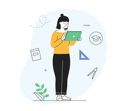 Distance education concept. Female student holding digital tablet and listening to online lecture. Learning and study. Character gains knowledge. Cartoon flat vector illustration in doodle style