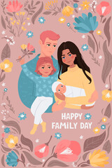 Obraz na płótnie Canvas Happy family day card. Family with children hugging. Flat vector illustration.