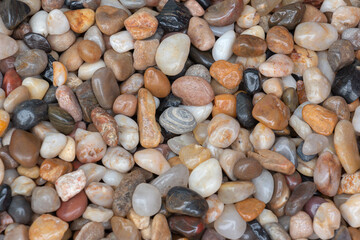 Multicolored pebbles for smooth textures and backgrounds, natural beach stones or stones.