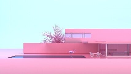 minimalistic modern private house exterior in pink with flamingos