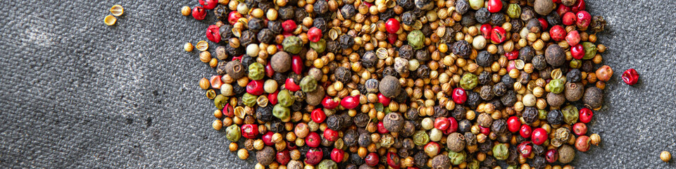 peppercorns 5 spices red, black, green and white pepper, coriander fresh healthy meal food snack diet on the table copy space food background rustic top view