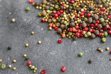peppercorns 5 spices red, black, green and white pepper, coriander fresh healthy meal food snack diet on the table copy space food background rustic top view