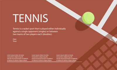 Horizontal Tennis Championship, Tournament, School, Education Poster. Indoor, red, outdoor Court. Ball on the Line with shadow. Close up. Flat Minimalistic Retro style - made in Vector
