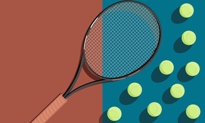 Horizontal Tennis Championship, Tournament, School, Education Poster. Indoor, red and blue colors, outdoor Court. Balls and racket with shadow. Close up. Flat Minimalistic Retro style. Place for text.