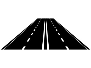 Straight asphalt road. Roadway trip symbol. Perspective highway traffic with vertical lines. Vector isolated on white.