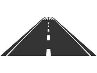 Straight asphalt road. Roadway trip symbol. Perspective highway traffic with vertical lines. Vector isolated on white.
