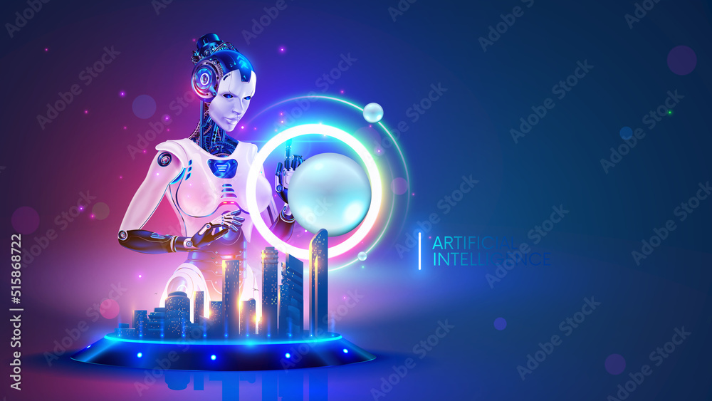 Poster Beautiful Robot woman standing at the interactive table with hologram of smart city. Cyborg work with virtual abstract spherical interface. AI or artificial intelligence controls systems of smart city