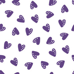 Seamless pattern with purple hand drawn hearts.