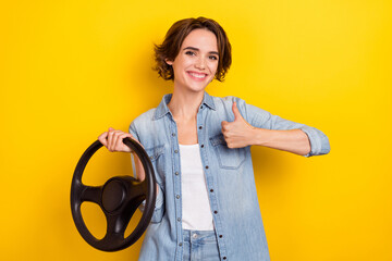 Photo of young cheerful woman show thumb-up great ads select transport isolated over yellow color...